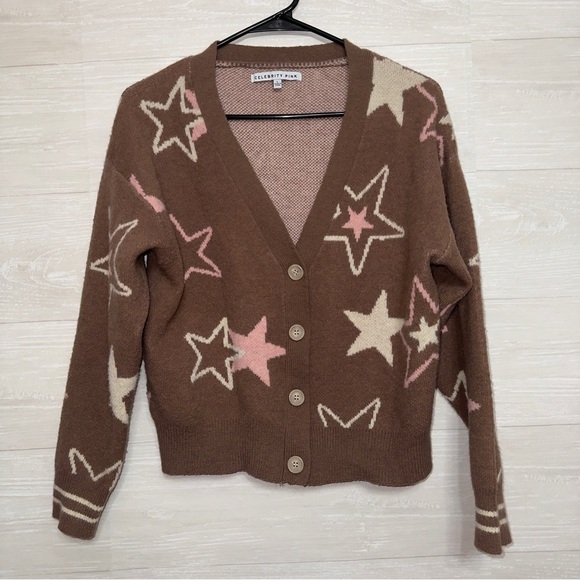 Celebrity Pink Women's Brown Star Print Button Front Cardigan Sweater size large - Picture 2 of 8